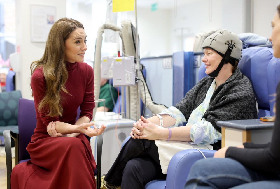 The Princess of Wales speaks with a cancer patient at the Royal Marsden Hospital.