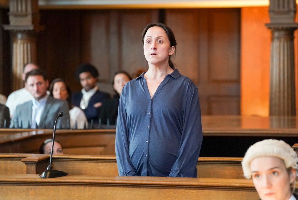 Pandora Clifford, a pregnant prosecutor, stands in a courtroom.