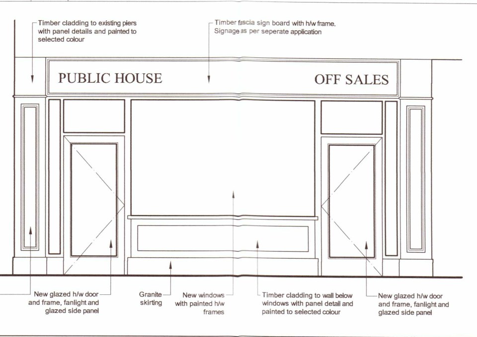 Illustration of a pub and off-sales storefront design.