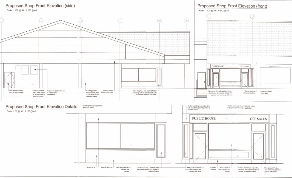 Illustration of shop front elevations, showing side and front views with details.