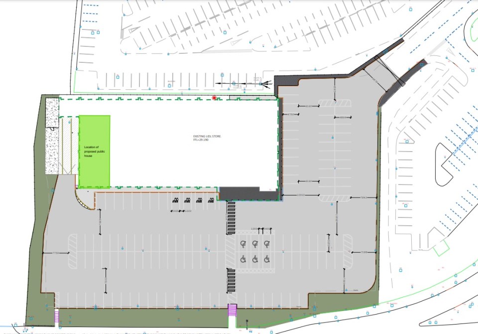 Site plan showing the location of a proposed pub in relation to an existing Lidl store.