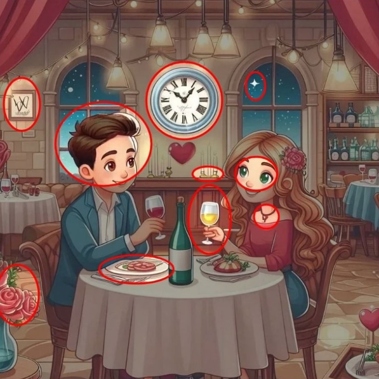 Illustration of a couple on a Valentine's Day date, a find-the-differences puzzle.