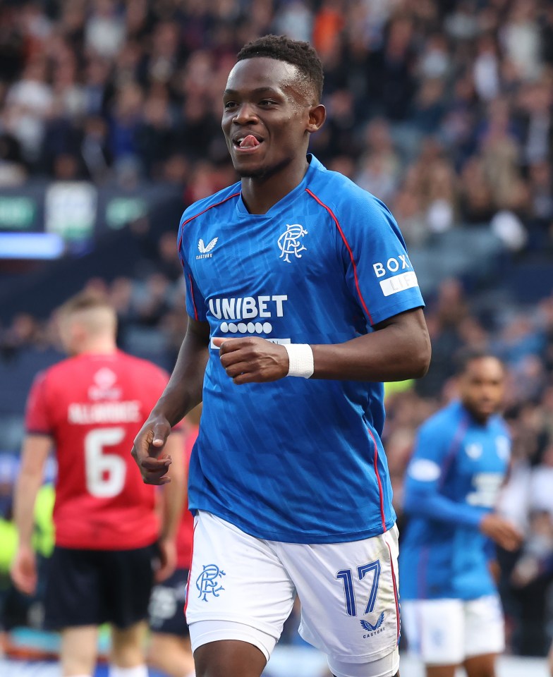 Rabbi Matondo of Rangers celebrating a goal.