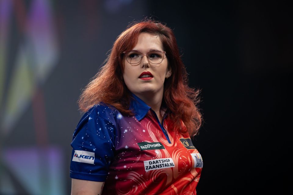 Noa-Lynn van Leuven reacts during her World Darts Championship match.