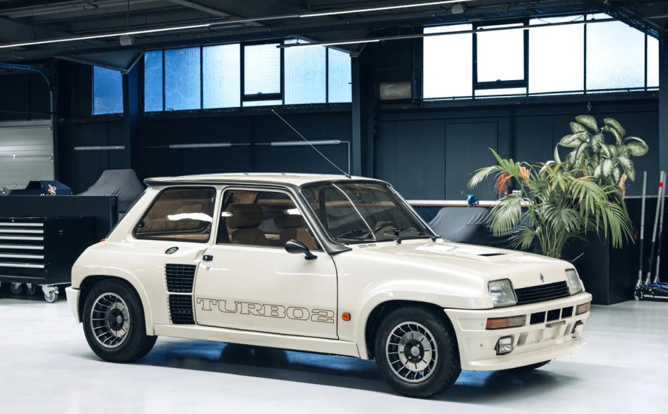 White Renault 5 Turbo 2 hatchback.