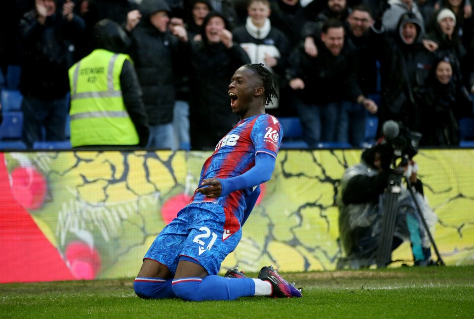 Romain Esse of Crystal Palace celebrates a goal.