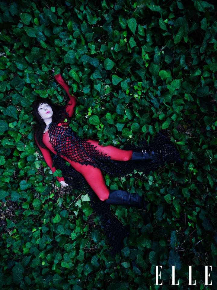 Lady Gaga on ELLE UK March cover, lying in ivy.