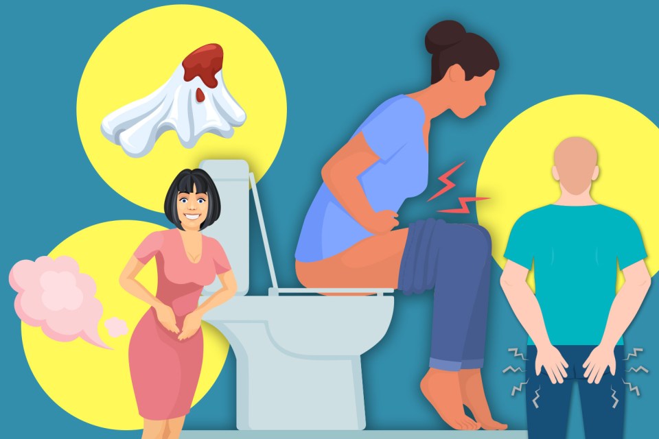 Illustration of people experiencing various bowel symptoms.