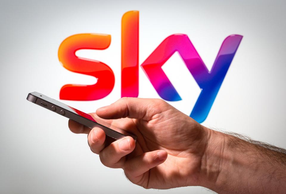 Person using a mobile phone in front of a Sky logo.