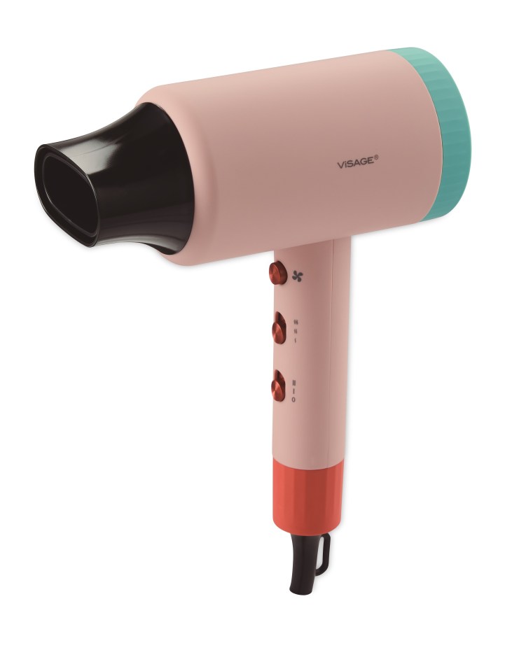 Pink Visage ionic hairdryer with teal and orange accents.