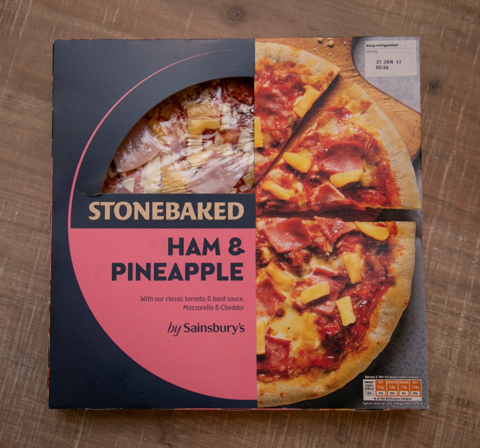 Sainsbury's Stonebaked Ham & Pineapple pizza box.