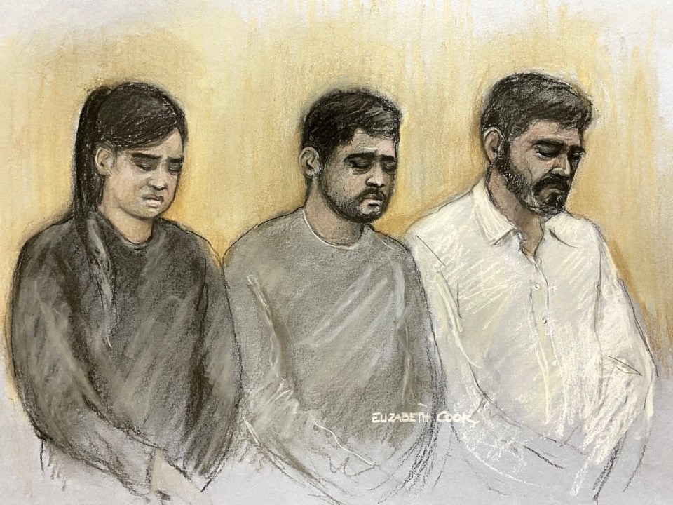 Court sketch of Sara Sharif's stepmother, uncle, and father at sentencing.