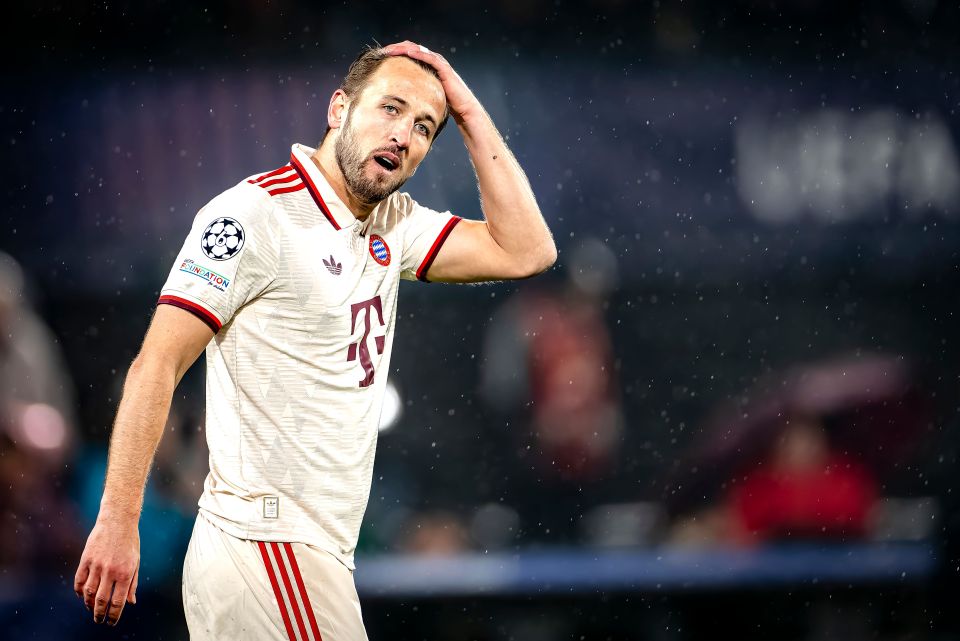 Harry Kane of Bayern Munich looking frustrated during a soccer game.