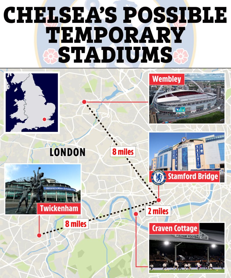 Illustration of map showing possible temporary stadiums for Chelsea FC, including Wembley, Twickenham, and Craven Cottage.