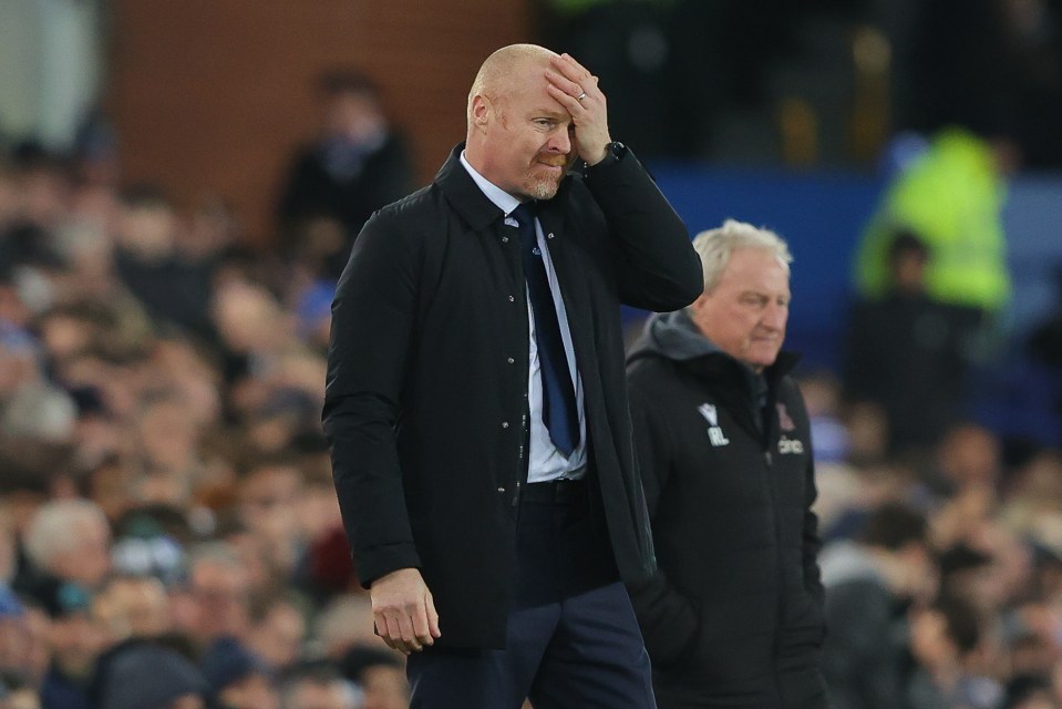 Sean Dyche, Everton manager, looking dejected during a soccer match.