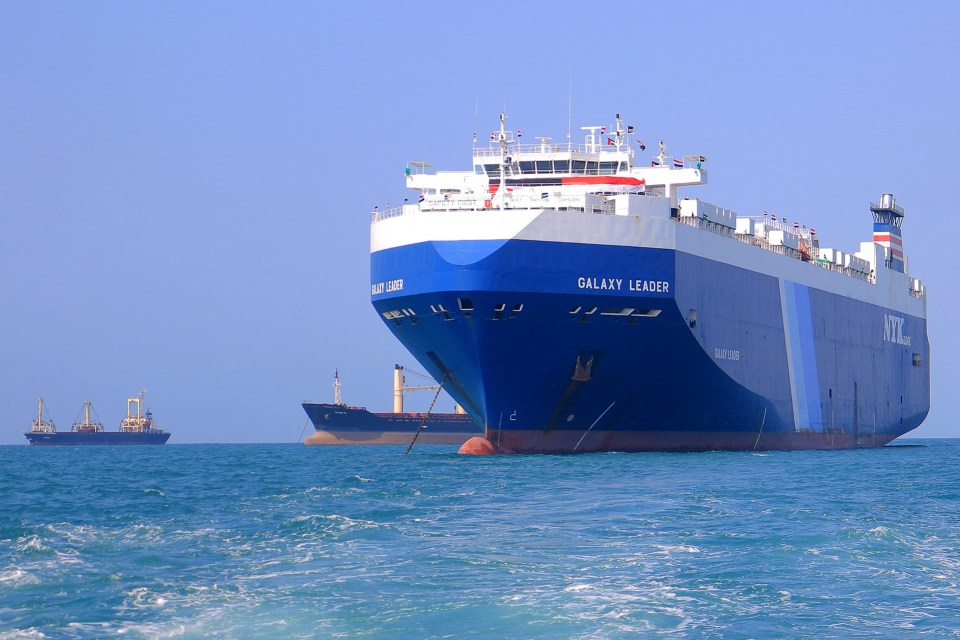 The Galaxy Leader cargo ship, seized by Houthi fighters, approaching a port.