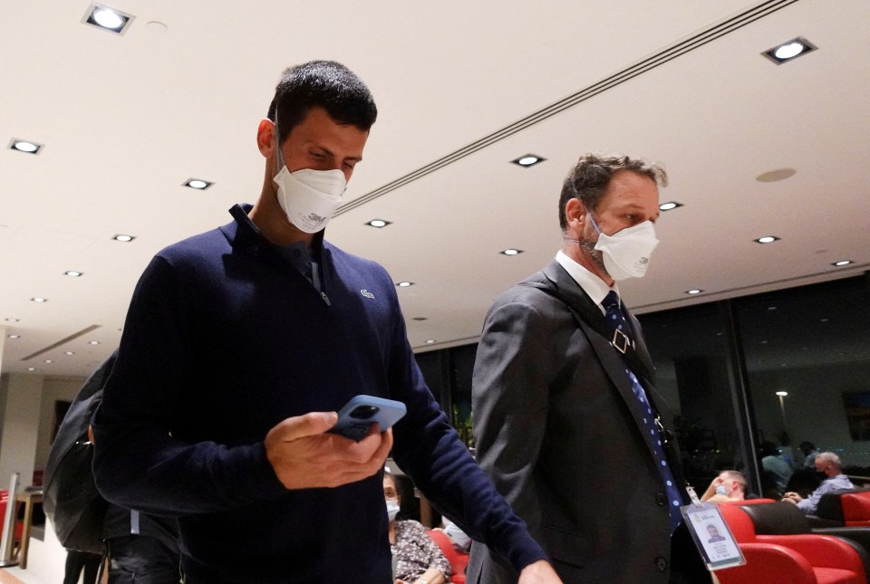 Novak Djokovic at Melbourne Airport after his visa was canceled.