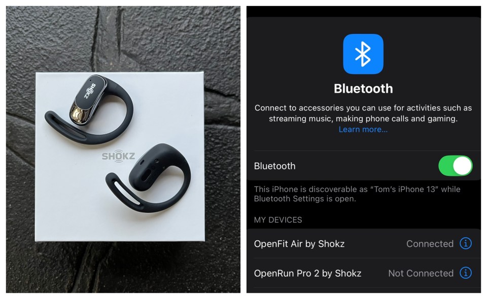 Shokz OpenFit Air and OpenRun Pro 2 headphones connected to iPhone via Bluetooth.