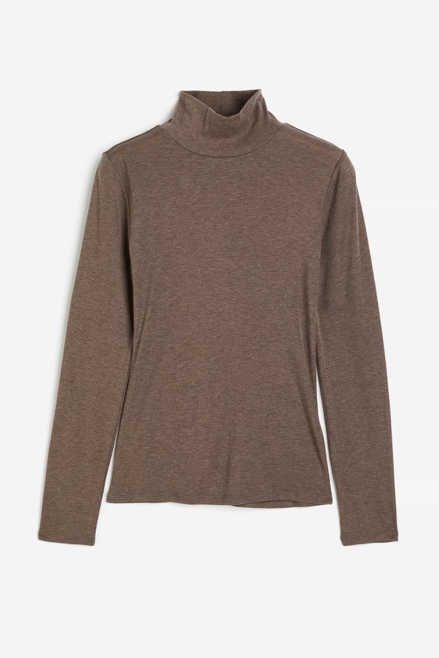 Brown turtleneck long-sleeve shirt.