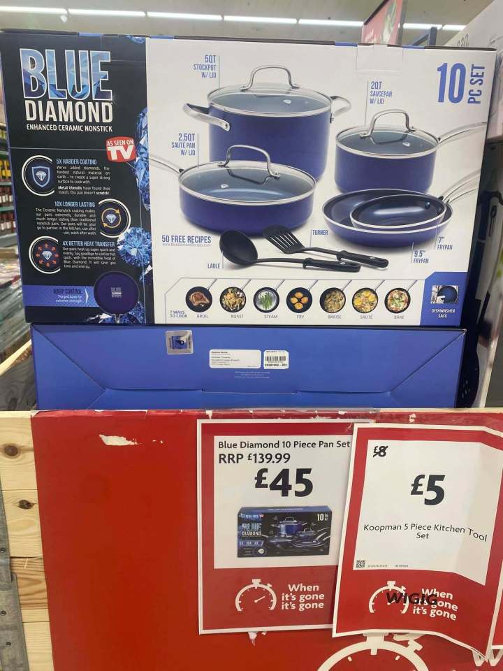 Photo of a Blue Diamond 10-piece cookware set and a Koopman 5-piece kitchen tool set, displayed with pricing information.