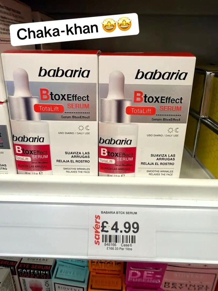 Two bottles of Babaria BtoxEffect Serum on a shelf at Savers, priced at £4.99.