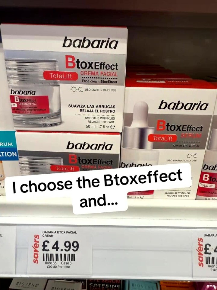 Shoppers buying Babaria BtoxEffect cream and serum at Savers for £4.99.