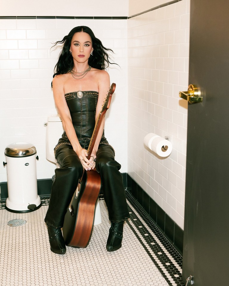 Katy Perry sitting on a toilet in a bathroom, holding a guitar.