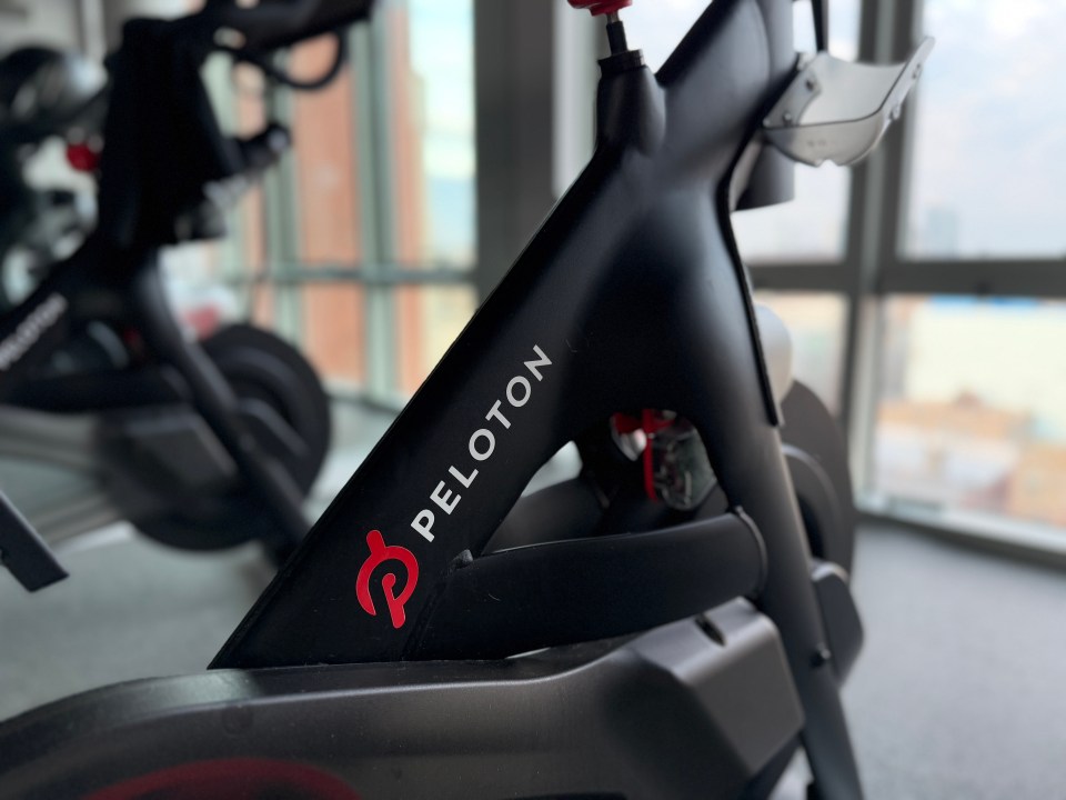 Close-up of a Peloton exercise bike.