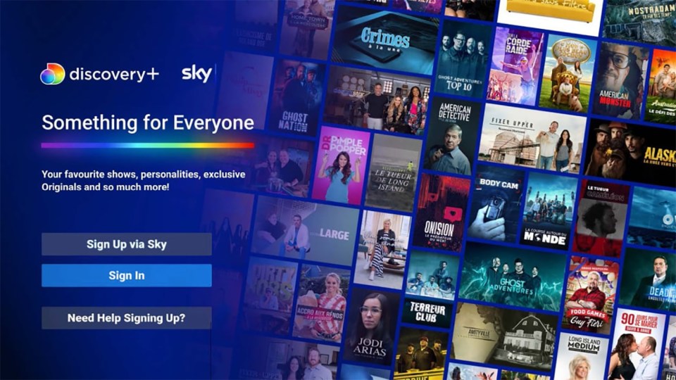 Discovery+ and Sky TV streaming service homepage; collage of show thumbnails.