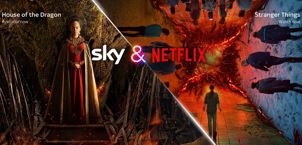 Promotional image for Sky & Netflix, featuring House of the Dragon and Stranger Things.