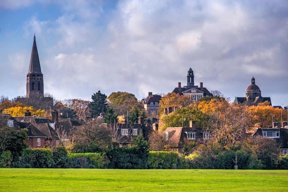 Hampstead Garden Suburb skyline in autumn, featuring churches, school, and houses.