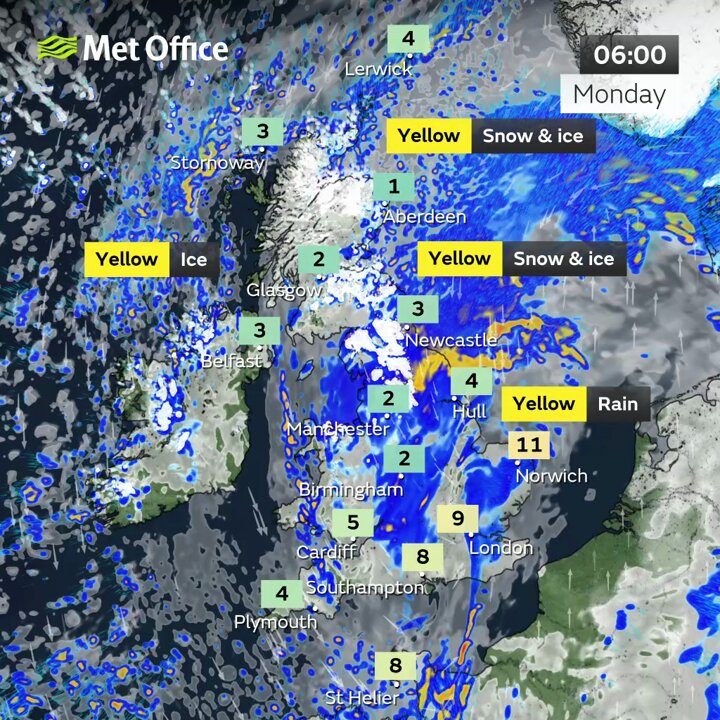 The Met Office's map shows the route the snow will take today