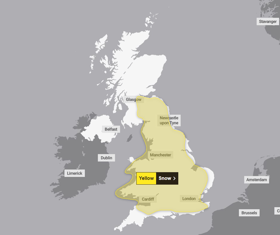 Snow warning map of the UK.