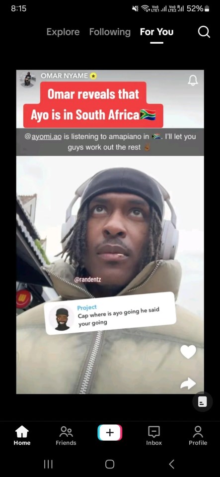 Screenshot of a TikTok video revealing Ayo is in South Africa.