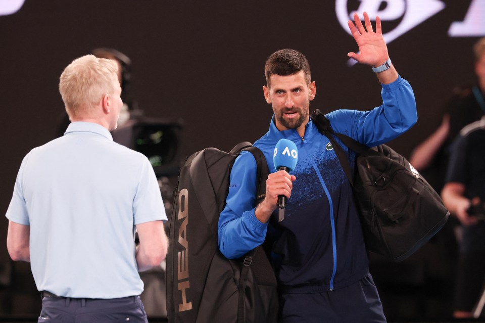 Novak Djokovic speaks into a microphone after a tennis match.