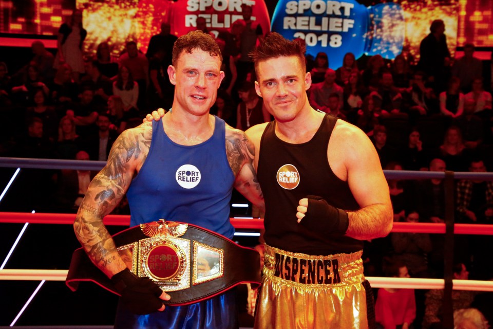 LONDON - MAR 23: Spencer Matthews (right) and Wayne Bridge (left) pose for a picture at the Spencer VS Bridge celebrity boxing match for Sport Relief 2018 in London, England."u2028"u2028(Photo by James Flood/Comic Relief/Getty Images)