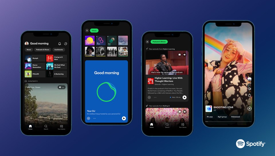 Spotify app interface showcasing music, podcasts, and videos.