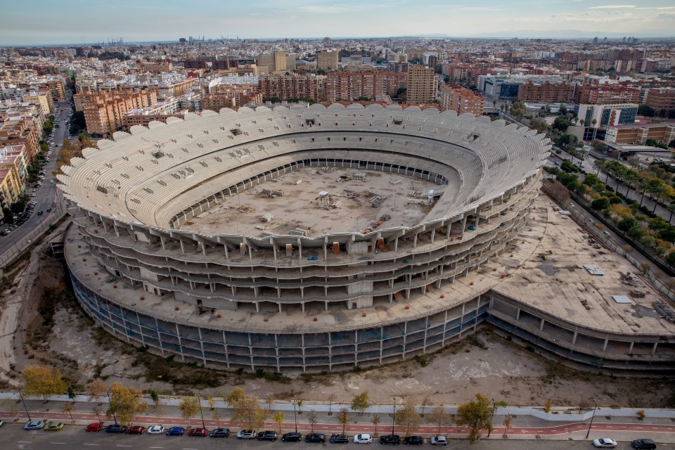 Aerial view of the unfinished Nou Mestalla stadium in Valencia, Spain.