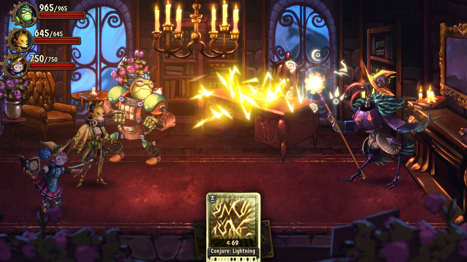 Illustration of SteamWorld Quest gameplay showing characters battling.