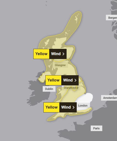 Map of UK with yellow wind warning.