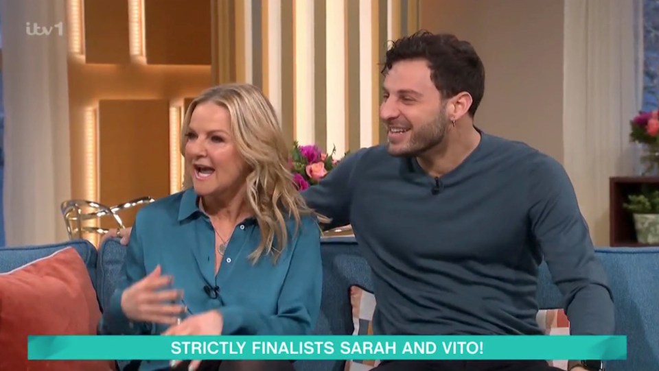 Sarah Hadland and Vito Coppola on a talk show.