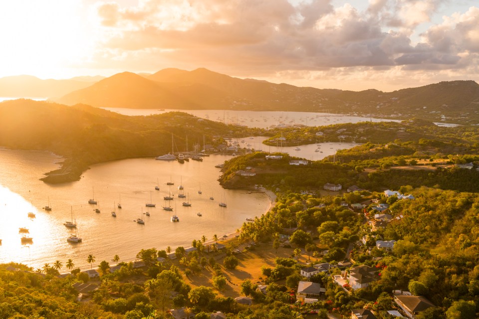 Aerial view of English Harbour, Antigua at sunset.