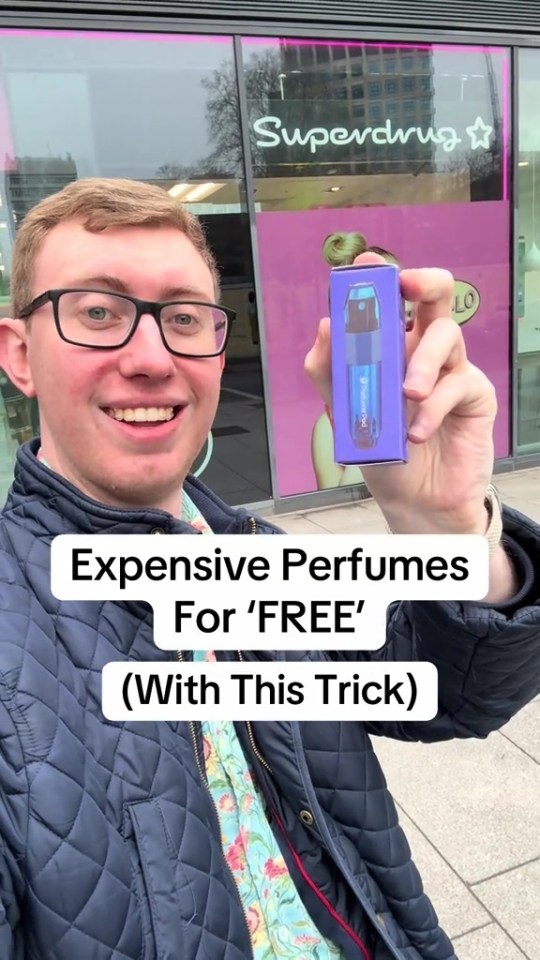 Man outside Superdrug showing how to get expensive perfume for free.