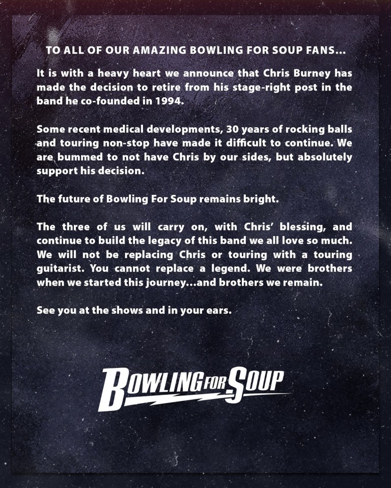 Announcement of Chris Burney's retirement from Bowling For Soup.