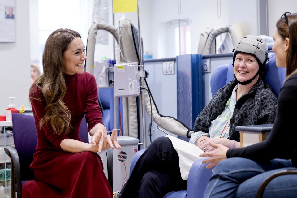 Princess Catherine speaking with a patient at a hospital.