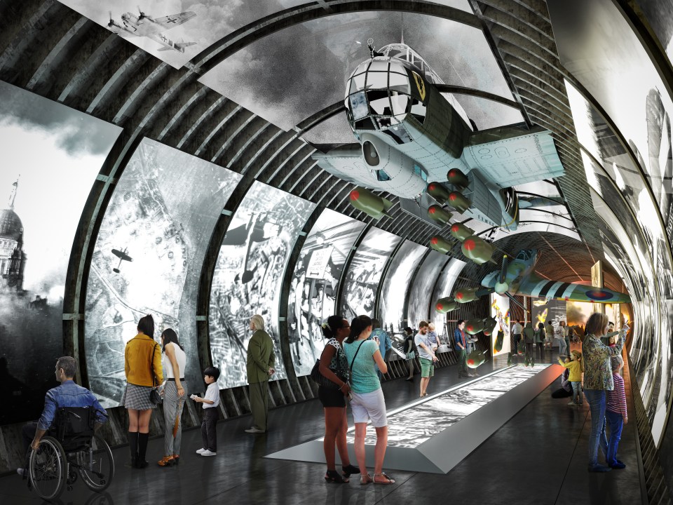 Illustration of a London Tunnels museum exhibit featuring WWII aircraft and historical photos.