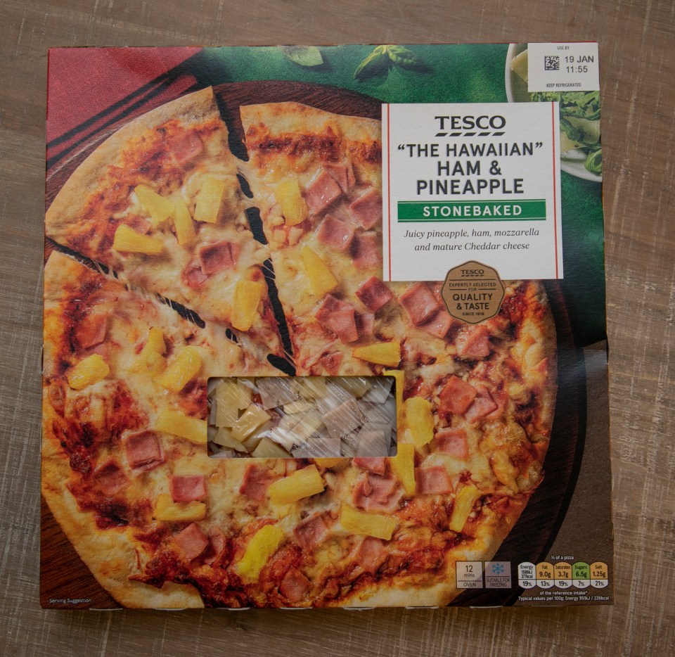 Tesco Hawaiian stonebaked pizza box.