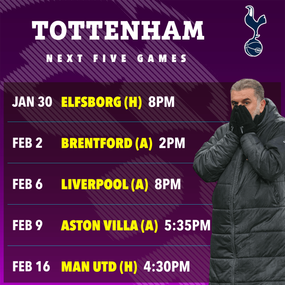 Tottenham's next five games schedule.