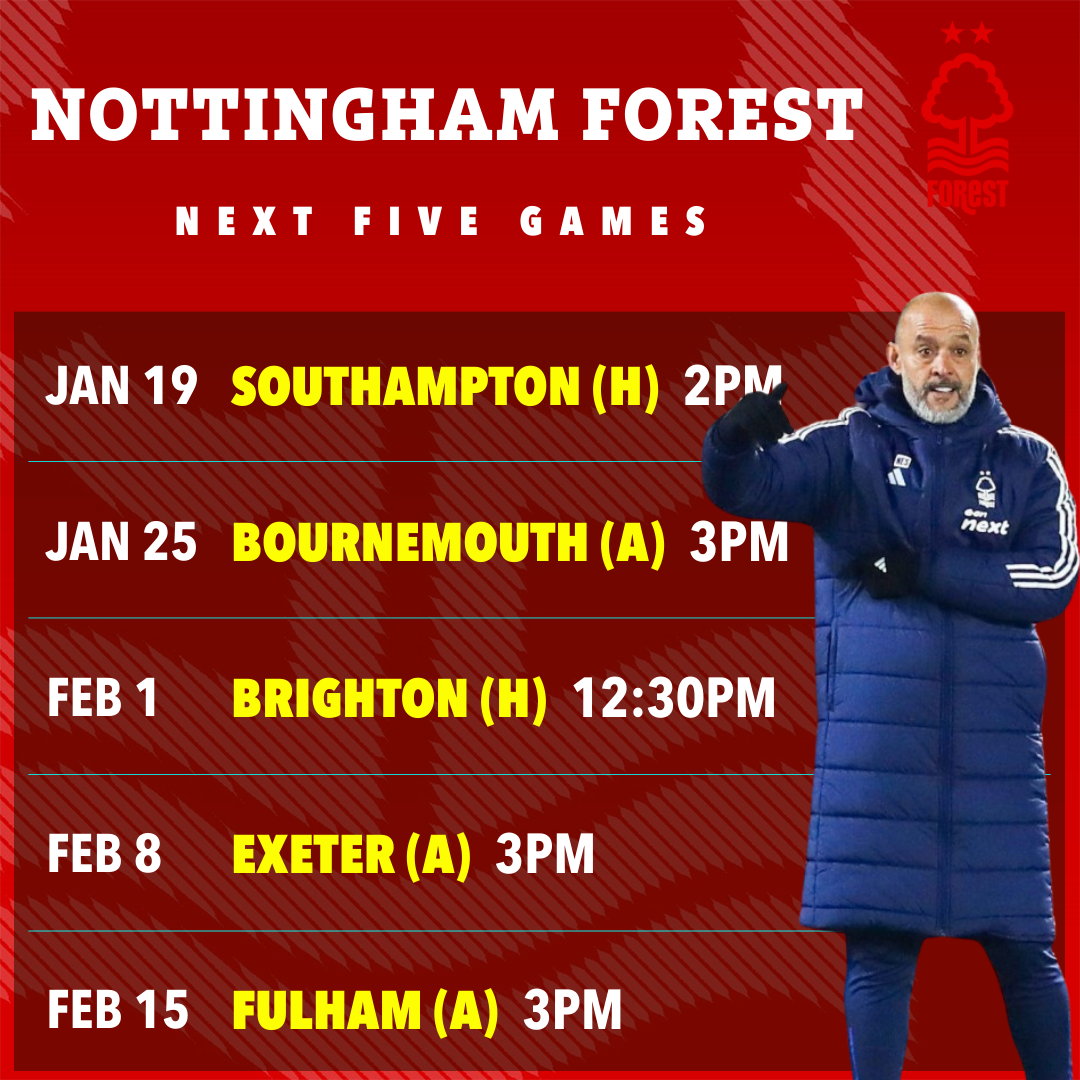 Nottingham Forest's next five games schedule.