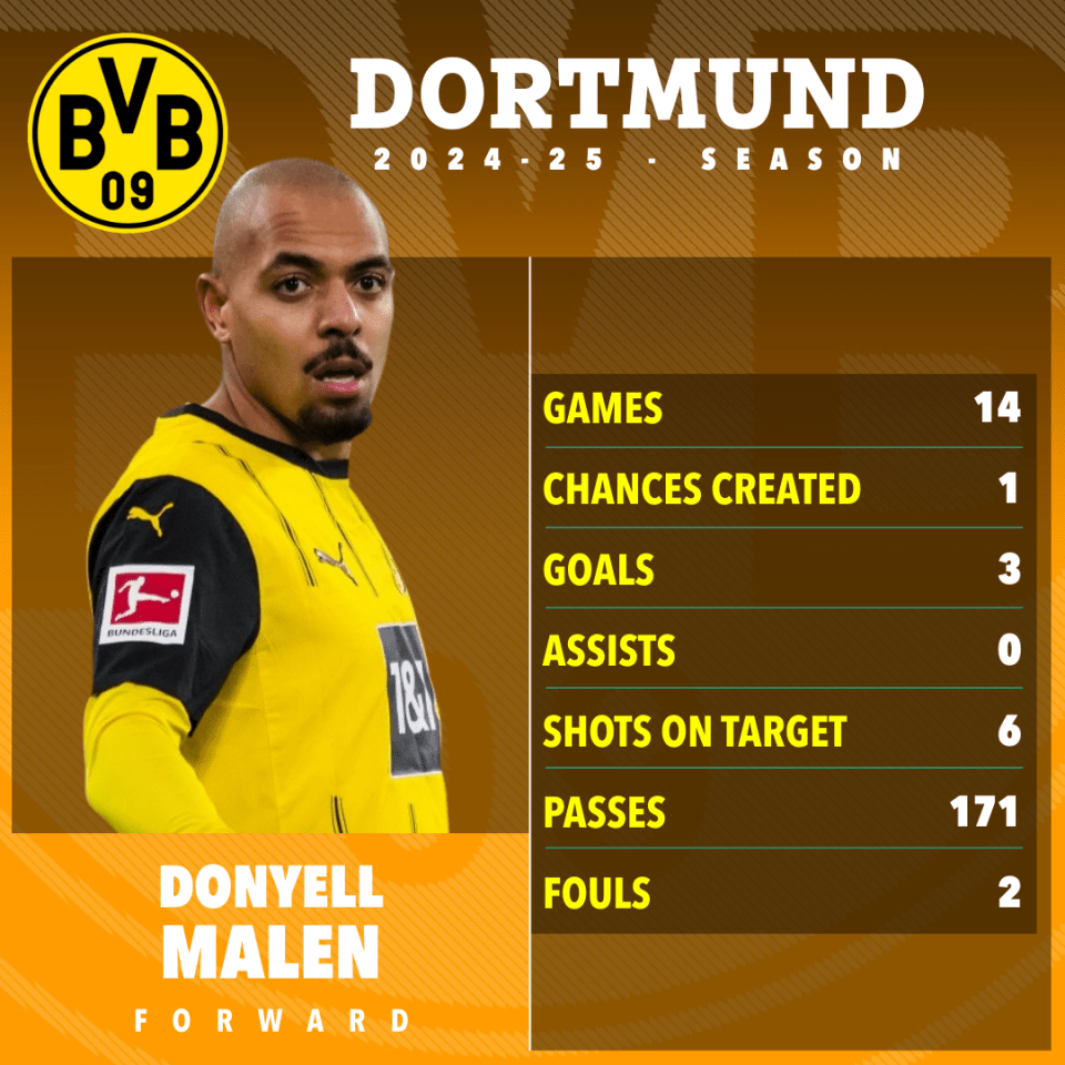 Donyell Malen's 2024-25 Dortmund season stats: 14 games, 3 goals, 1 chance created, 0 assists, 6 shots on target, 171 passes, 2 fouls.